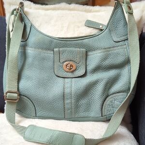 Coach Light Blueish Green Pebbed Leather Crossbody Bag with Turn-Lock Closure